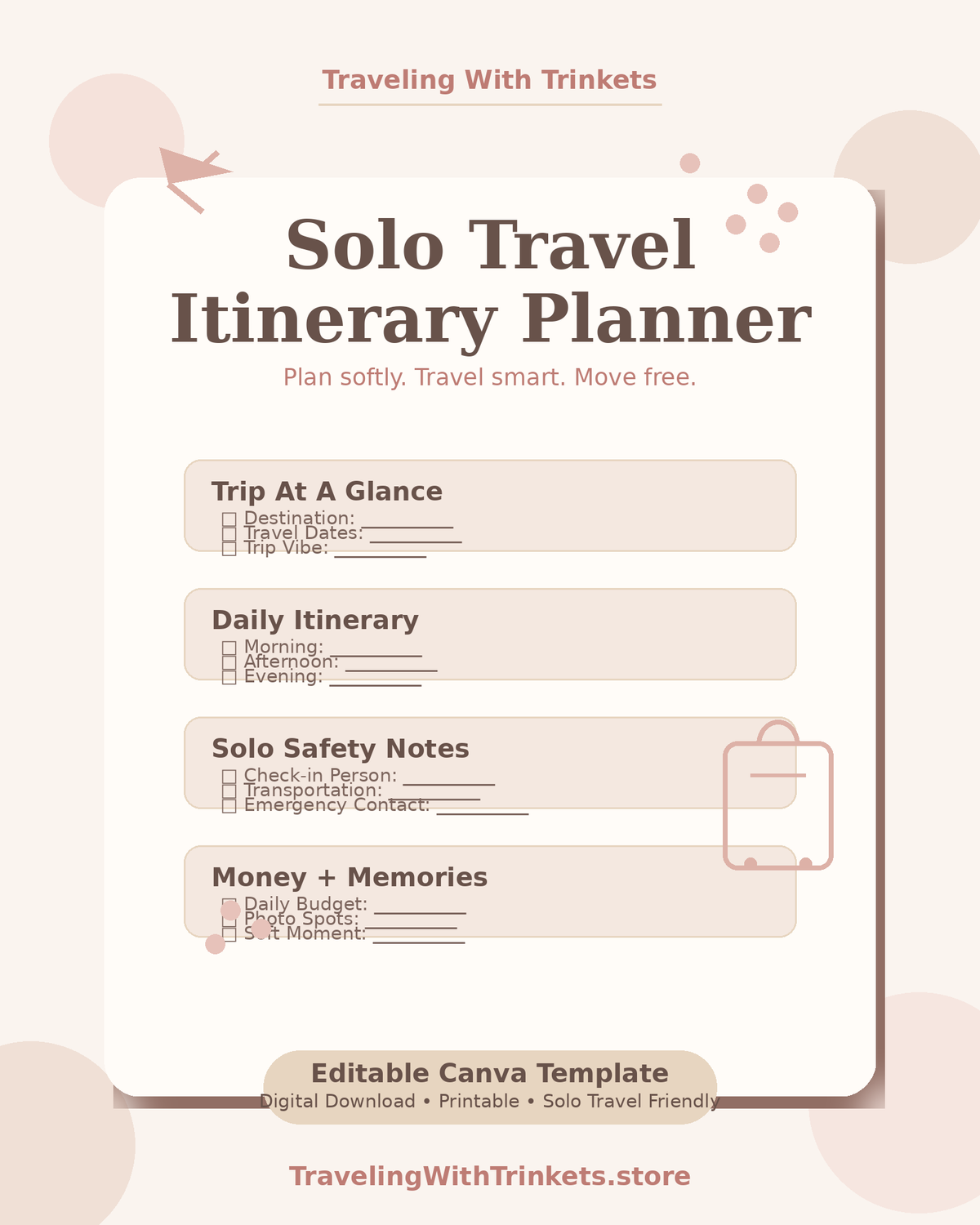 Solo Travel Itinerary Planner editable Canva template digital download by Traveling With Trinkets